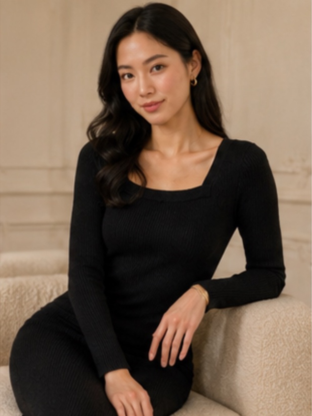 AllSaints Black Ribbed Square-Neck Long-Sleeve Midi Dress